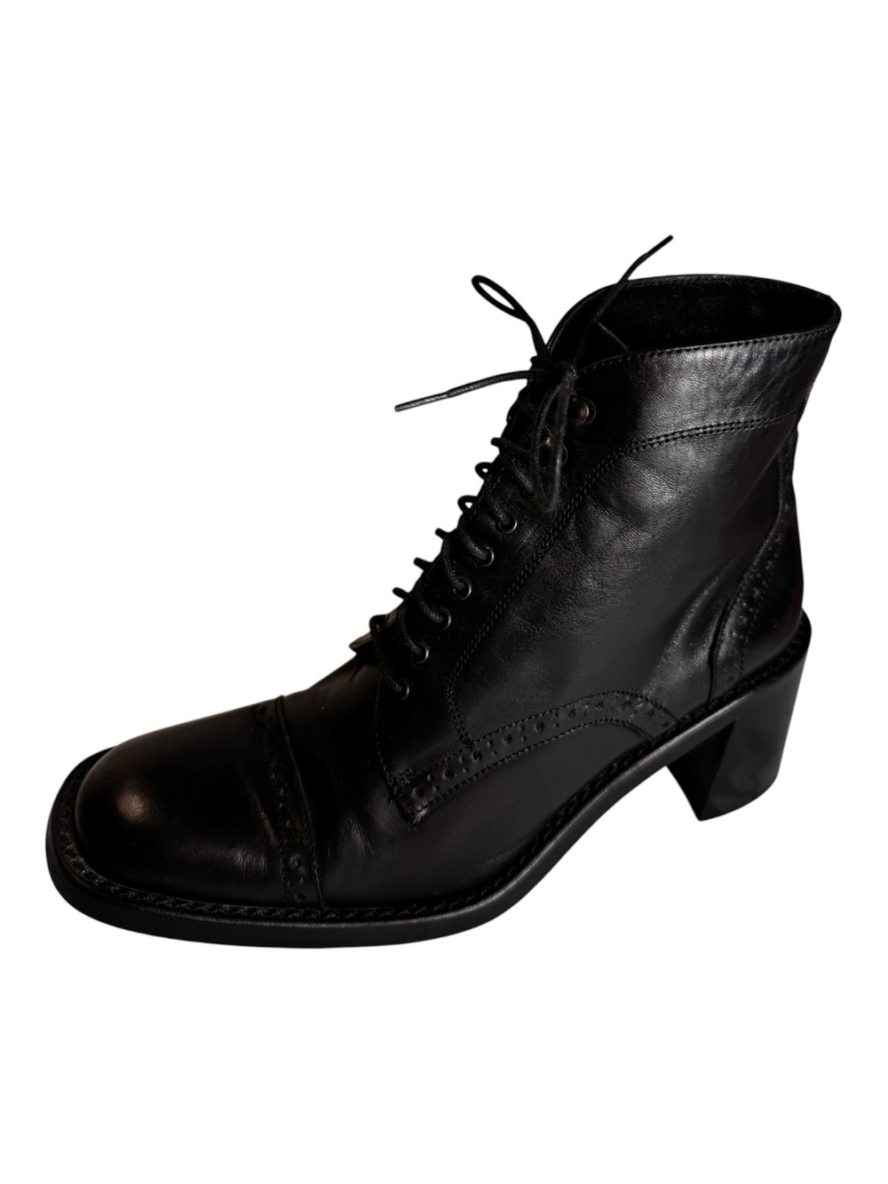 Jildor Made in Italy Leather Victorian Brogue Lace Up Chunky Heel Boots Black 7